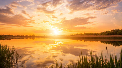 Fototapeta na wymiar Scenic view of beautiful sunset or sunrise above the pond or lake at spring or early summer evening.