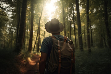 Travel, active lifestyle, tourism, trip concept. Rear view of caucasian man in hat and with backpack in forest, hiker in nature, exploring on sunny day. Generative AI