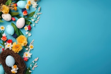 Naklejka na ściany i meble easter decoration with eggs and flowers blue background , Ai generated