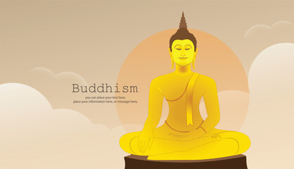 Buddha statue meditating behind a cloud and copy space vector background - Magha puja day, Vesak day banner, important buddhism days Thailand culture