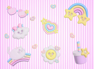 Cute pastel elements graphic sticker illustration icon set.3D rendering