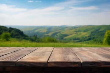 Obraz na płótnie Canvas Empty wooden table close up, Mountain and nature landscape view. Template for product presentation. Generative AI