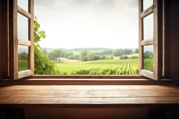 Empty wooden table, vineyard view out of open window. Template for product presentation. Generative AI - obrazy, fototapety, plakaty