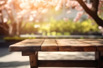 Empty wooden table outdoors, blur Spring blooming trees, nature background, product display template, Generative AI