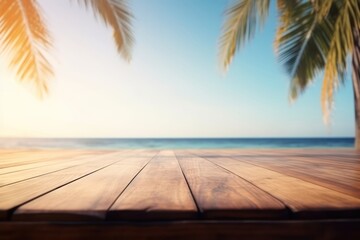 Empty wooden table, blur tropical beach with palm trees background, Generative AI