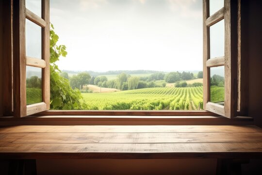 Empty wooden table, vineyard view out of open window. Template for product presentation. Generative AI