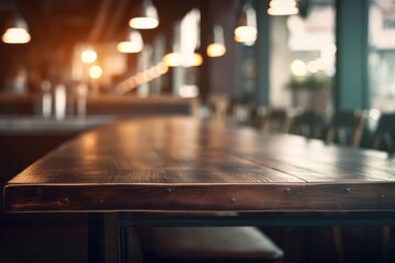 Obraz na płótnie Canvas Empty wooden table surface, blur dark cafe restaurant interior background. Generative AI