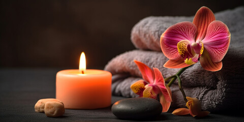Fototapeta na wymiar Background of spa center towel candle orchid and massage stones Generative AI