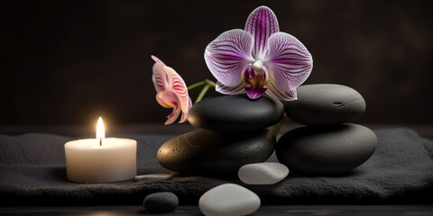 Naklejka na ściany i meble Background of spa center towel candle orchid and massage stones Generative AI