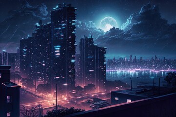 megapolis at night, with view of the skyline and shining buildings, created with generative ai