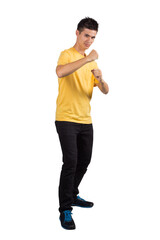 Full body portrait of Asian young man hand fist ready to fight, isolated on white and transparent background