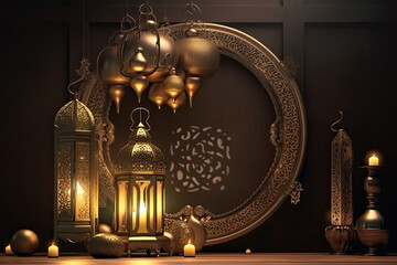 Fototapeta na wymiar Ramadan Greeting Banner with Golden Styler, 3D rendering Background, generative AI