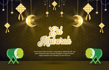 Fototapeta na wymiar elegant eid mubarak banner with quote and beautiful shiny islamic ornament and abstract gradient brown and golden background design