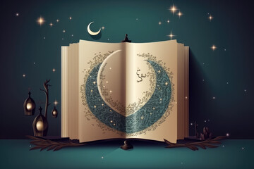 Ramadan Quran Book. Card Design Concept, Crescent Moon 