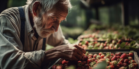 Close up of senior gardener in uniform picking fresh ripe strawberries at greenhouse. aged man harvesting seasonal berries on fresh air. Generative AI - obrazy, fototapety, plakaty