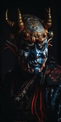 Portrait d'un guerrier portant un redoutable masque japonais Oni Demon