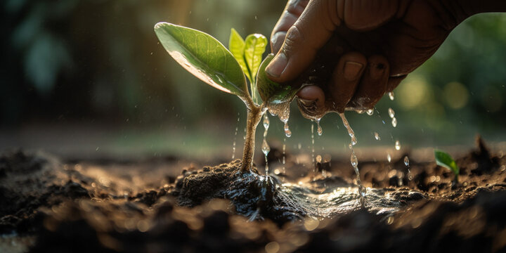 Close up picture of hand watering the sapling of the plant Generative AI