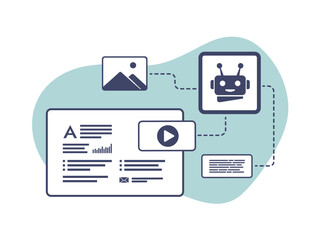 AI Social Media Automation concept. Content creation, SEO articles, online stores. AI Generate text, pictures and videos for social media and smm content marketing. Automation Social media concept