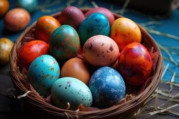 Fototapeta na wymiar colorful Easter basket filled with eggs. Generative AI