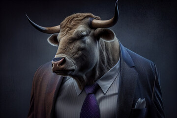 bull in a business suit,head of a bull with horns in an expensive business suit, angry boss, businessman angry bull, Generative AI