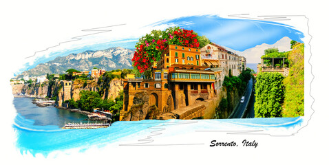 Collage about beautiful bay with colorful houses in Portofino, Liguria, at Italy. Art design