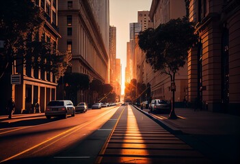 Fototapeta na wymiar Downtown San Francisco with famous California Street illuminated in first golden morning light at sunrise in summer, San Francisco, California, USA. Generative AI