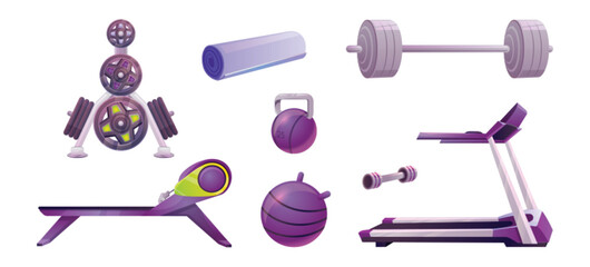 Cartoon set of gym workout equipment isolated on white background. Vector illustration of yoga mat, barbell, dumbbell, weight plate, bench, fitball, treadmill for fitness exercising. Healthy lifestyle