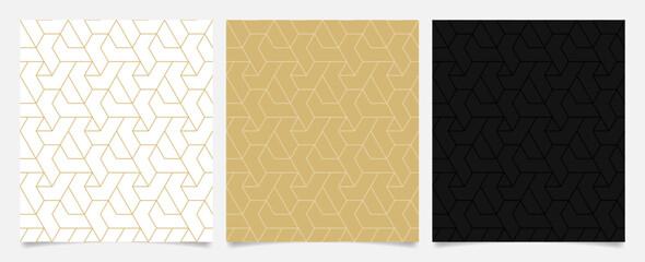 Set of geometric seamless patterns. Linear abstract geometric pattern on white, gold, and black background.