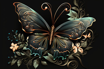 Illustration Elegant Butterfly With Floral Decor, Generative Ai