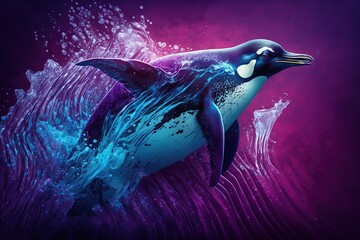 penguin swimming under purple sea, generative ai