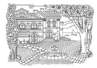 Romantic old town. Coloring Pages. Anti-stress colouring book. Vector.