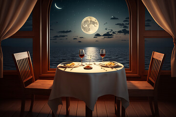 Night Romantic Interior For Two In Cruise Ship. Generative Ai