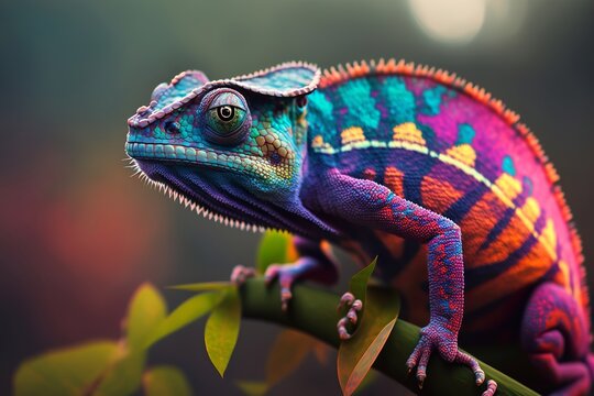 colored chameleon close up photo on blur background, generative ai
