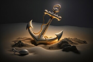 realistic metallic anchor on sand underwater, generative ai