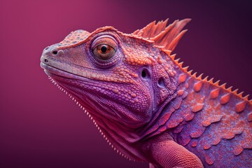 close up of a purple red color chameleon lizard on purple red background, generative ai
