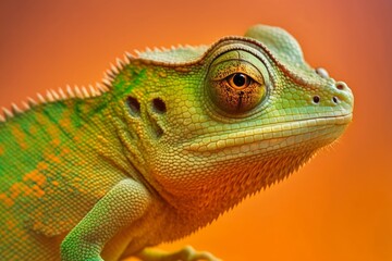 Obraz premium close up of a green color chameleon lizard on orange background, generative ai