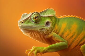 Obraz premium close up of a green color chameleon lizard on orange background, generative ai