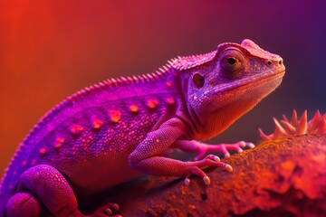 Obraz premium close up of a purple red color chameleon lizard on purple red background, generative ai