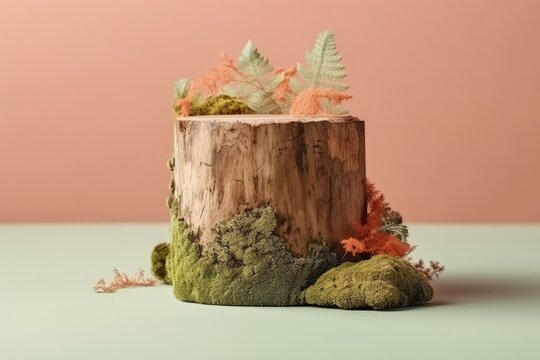 moss-covered tree stump with foliage. Generative AI