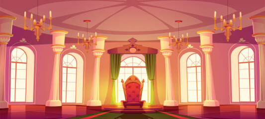 Cartoon throne room interior. Vector illustration of royal palace ballroom with large windows, green curtains, sophisticated chair of medieval king, carpet on floor, marble pillars, golden chandeliers