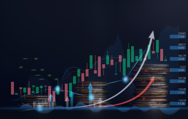 Stack of money coin business financial growth with trading graph,global economic,trader investor,graph money of block chain stock market cryptocurrency selling and buy with price chart data graph