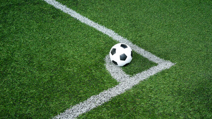 Soccer Football on Corner kick line of ball and a soccer field , football field , background texture