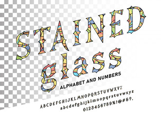Stained glass italic alphabet from decorative transparent colored piece of glass. Vector font in stained glass window style with signs, symbols and numbers.