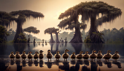 Little Ducklings Following Their Mother in A File on A Beautiful Lake Swamp AI Generative