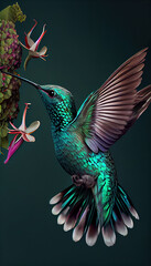 Obraz premium A Colorful Hummingbird Flying Over a Flower AI Generative