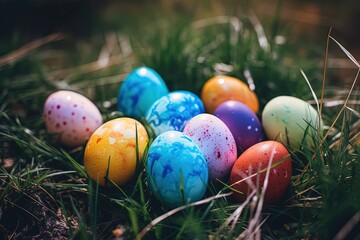 Naklejka na ściany i meble Colorful Easter Eggs in a Spring Garden. Generative AI