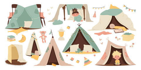 Children teepee tents flat illustrations set. Handmade playhouse children tent with chairs. Toys and books for games © Mykola Syvak