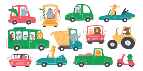 Animals in cars flat illustrations set. Funny frog, lion, dog, elephant and zebra characters riding on scooter © Mykola Syvak