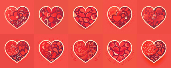 Rote Herzen mit verschiedenen Mustern, zB zum Valentinstag oder für die Hochzeit, KI-generiert - obrazy, fototapety, plakaty