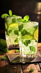 Verres de mojito, cocktail de rhum à la menthe et au citron vert sur une table en bois, illustration culinaire, ia générative 2